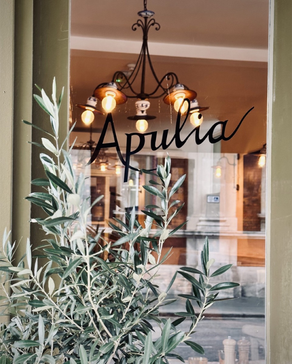 Apulia restaurant window with olive branch and warm lighting